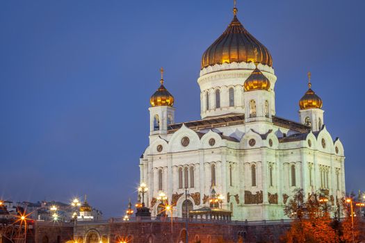 Cathedral of Christ the Saviour illuminated at evening, Moscow, Russia