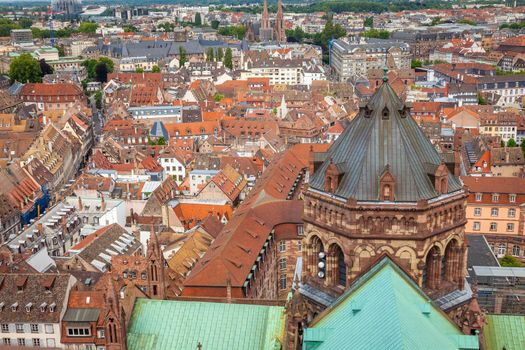 Strasbourgs roofs pattern from above gothic cathedral, Alsace, France