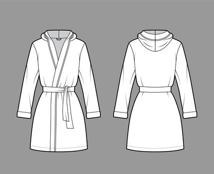 Hooded Bathrobe Dressing gown technical fashion illustration with wrap opening, mini length, oversize, tie, long sleeves