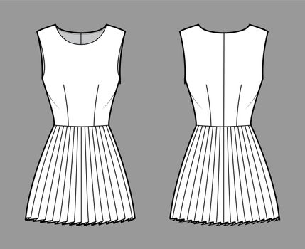 Dress pleated technical fashion illustration with sleeveless, fitted body, mini length skirt. Flat apparel front, back