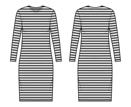 Dress sailor technical fashion illustration with stripes, long sleeves, oversized body, knee length pencil skirt. Flat