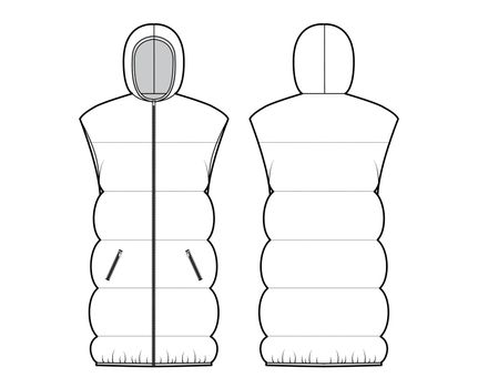 Down vest puffer Hooded waistcoat technical fashion illustration with sleeveless, pockets, hip length, wide quilting