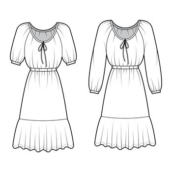 Set of Dresses peasant technical fashion illustration with long short sleeves, fitted, knee length peplum pencil skirt