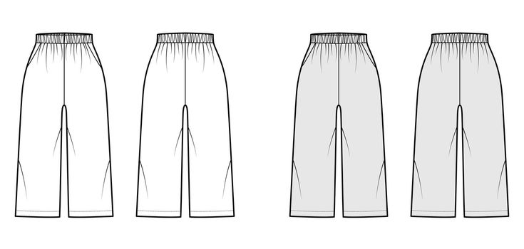 Bermuda shorts Activewear technical fashion illustration with elastic normal waist, pockets, Relaxed fit, calf length. Flat bottom template front, back, white grey color. Women men unisex CAD mockup