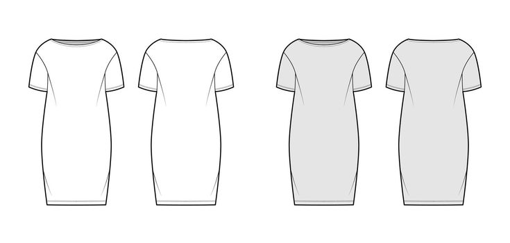 Dress sack slouchy technical fashion illustration with short sleeves, oversized body, knee length pencil skirt. Flat apparel front, back, white, grey color style. Women, men unisex CAD mockup