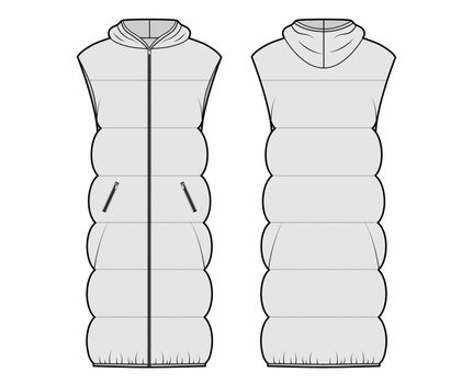 Down vest puffer waistcoat technical fashion illustration with sleeveless, hoody collar, zip-up closure, oversized