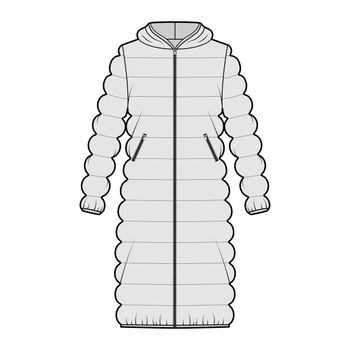 Hooded quilted shell down coat jacket puffer technical fashion illustration with long sleeve, knee length, oversized. Flat template front, grey color style. Women, men, unisex top CAD mockup