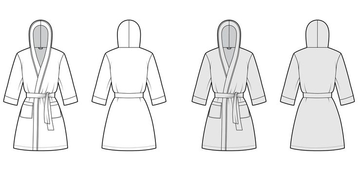 Bathrobe hooded Dressing gown technical fashion illustration with wrap opening, mini length, tie, pocket, elbow sleeves