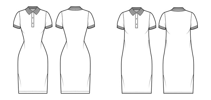 Set of Dresses polo fashion illustration with short sleeves, oversized fitted body, knee length pencil skirt, henley neckline. Flat apparel front, back, white color style. Women, men unisex CAD mockup