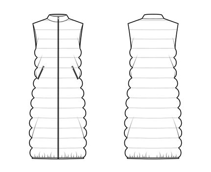 Down vest puffer waistcoat technical fashion illustration with stand collar, pockets, midi length, classic quilting
