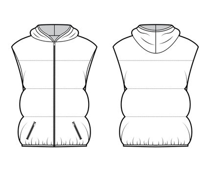 Down vest puffer waistcoat technical fashion illustration with hoody collar, zip-up closure, hip length, wide quilting