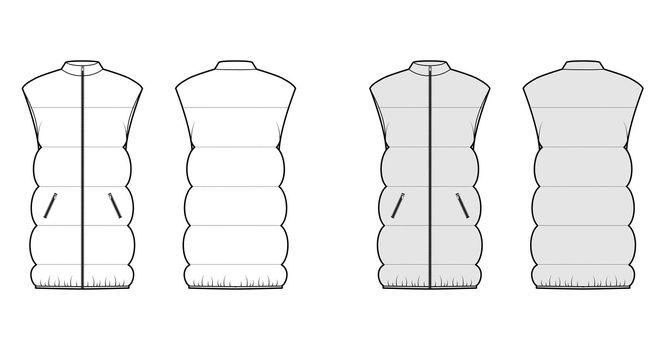 Down vest puffer waistcoat technical fashion illustration with sleeveless, stand collar, pockets, hip length, wide
