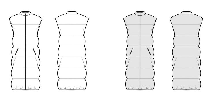 Down vest puffer waistcoat technical fashion illustration with sleeveless, stand collar, knee length, wide quilting