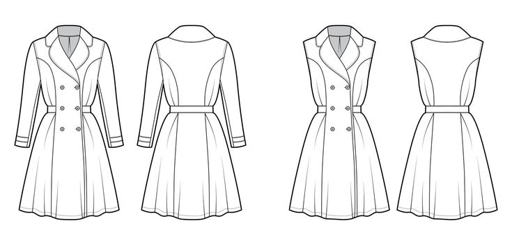 Set of Dresses coat trench technical fashion illustration with double breasted, long sleeve, fitted body, knee length. Flat apparel front, back, white color style. Women, men unisex CAD mockup