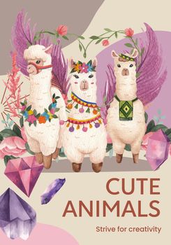 Poster template with cute boho alpaca concept,watercolor style