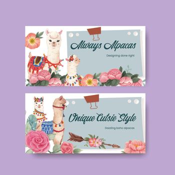 Twitter template with cute boho alpaca concept,watercolor style