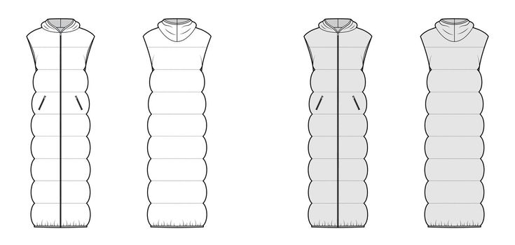 Down vest puffer waistcoat technical fashion illustration with sleeveless, hoody collar, maxi length, wide quilting. Flat template front, back, white, grey color style. Women men unisex top CAD mockup