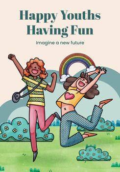 Poster template with happy youth fun concept,watercolor style