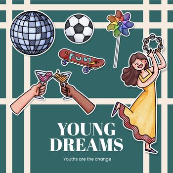 Sticker template with happy youth fun concept,watercolor style