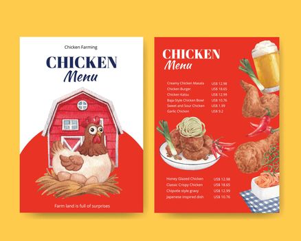 Menu template with chicken farm food concept,watercolor style