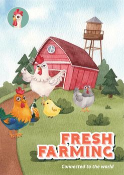 Poster template with chicken farm food concept,watercolor style