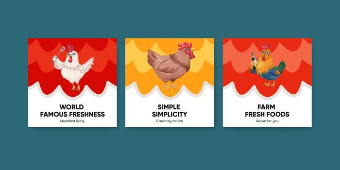 Banner template with chicken farm food concept,watercolor style