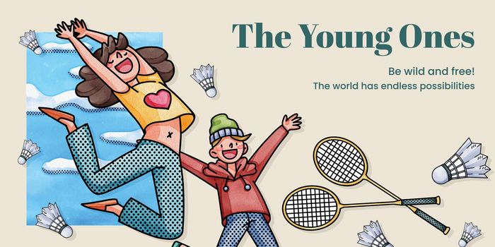 Blog header template with happy youth fun concept,watercolor style