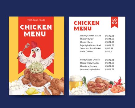 Menu template with chicken farm food concept,watercolor style