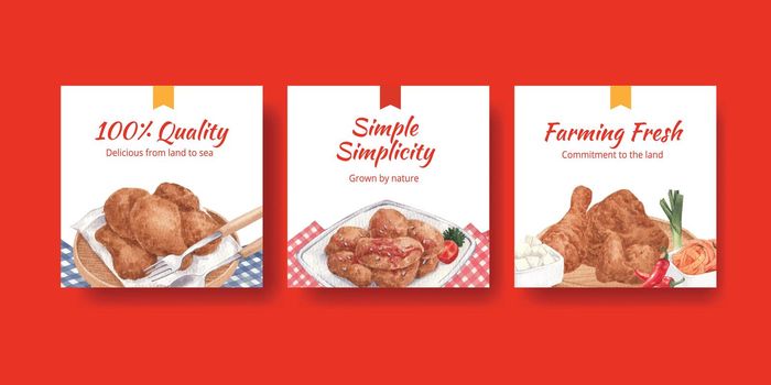 Banner template with chicken farm food concept,watercolor style
