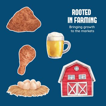 Sticker template with chicken farm food concept,watercolor style