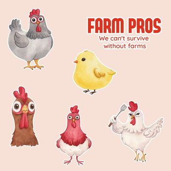 Sticker template with chicken farm food concept,watercolor style