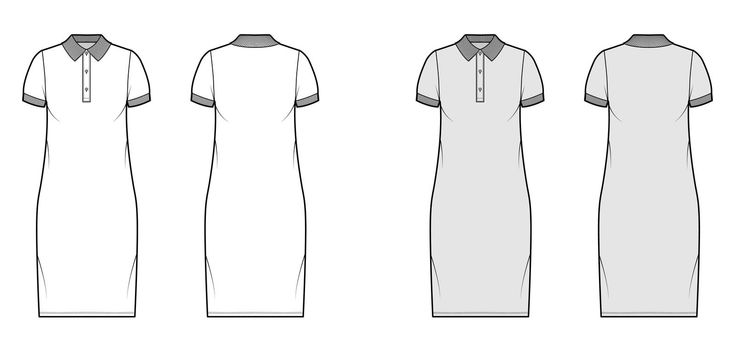 Dress polo fashion illustration with short sleeves, oversized body, knee length pencil skirt, henley neckline apparel