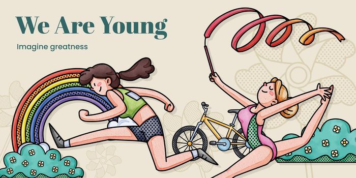 Blog header template with happy youth fun concept,watercolor style