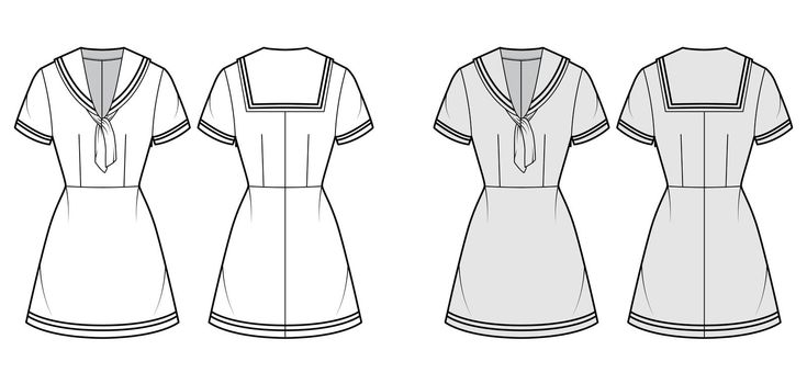 Dress sailor technical fashion illustration with short sleeve, fitted, middy collar, stripes, mini length pencil skirt