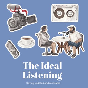 Sticker template with international podcast day concept,watercolor style