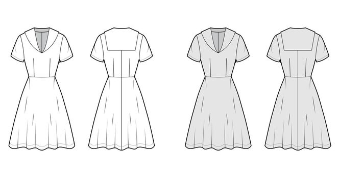 Dress sailor technical fashion illustration with middy collar, short sleeve, fitted body, knee length circular skirt.