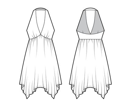Dress handkerchief hem chemise technical fashion illustration with sleeveless, empire halter neckline, circular skirt