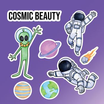 Sticker template with kids explore galaxy concept,watercolor style