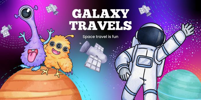 Blog header template with kids explore galaxy concept,watercolor style