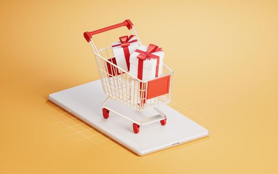 Shopping cart on the mobile phone, 3d rendering.