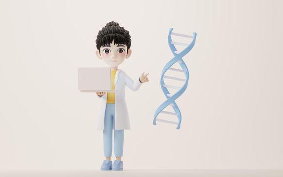 3D cartoon female researcher and DNA, 3d rendering.