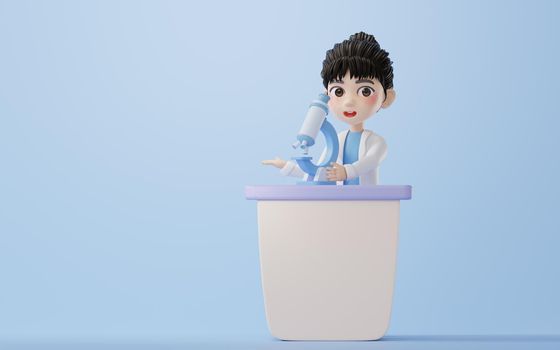 3D cartoon female researcher and microscope, 3d rendering.