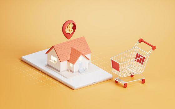 Shopping cart and purchase house concept, 3d rendering.