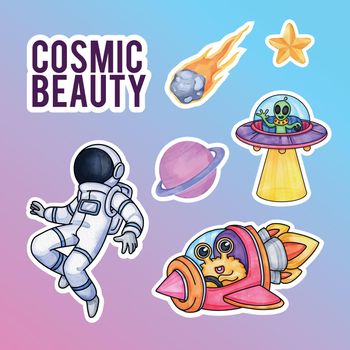 Sticker template with kids explore galaxy concept,watercolor style