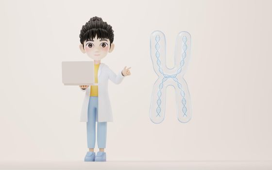 3D cartoon female researcher explain the chromosome, 3d rendering.