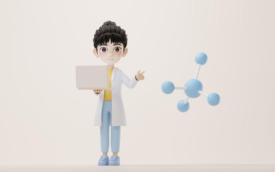 3D cartoon female researcher explain the molecule, 3d rendering.