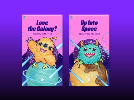 Instagram template with kids explore galaxy concept,watercolor style