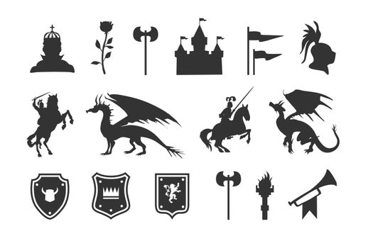 Heraldic symbols and elements. Medieval clip art silhouettes