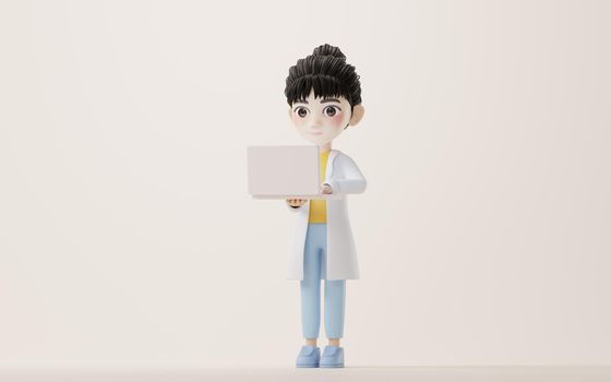 3D cartoon female researcher using computer, 3d rendering.