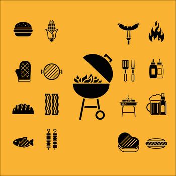 Set of barbecue icons isolate on yellow background